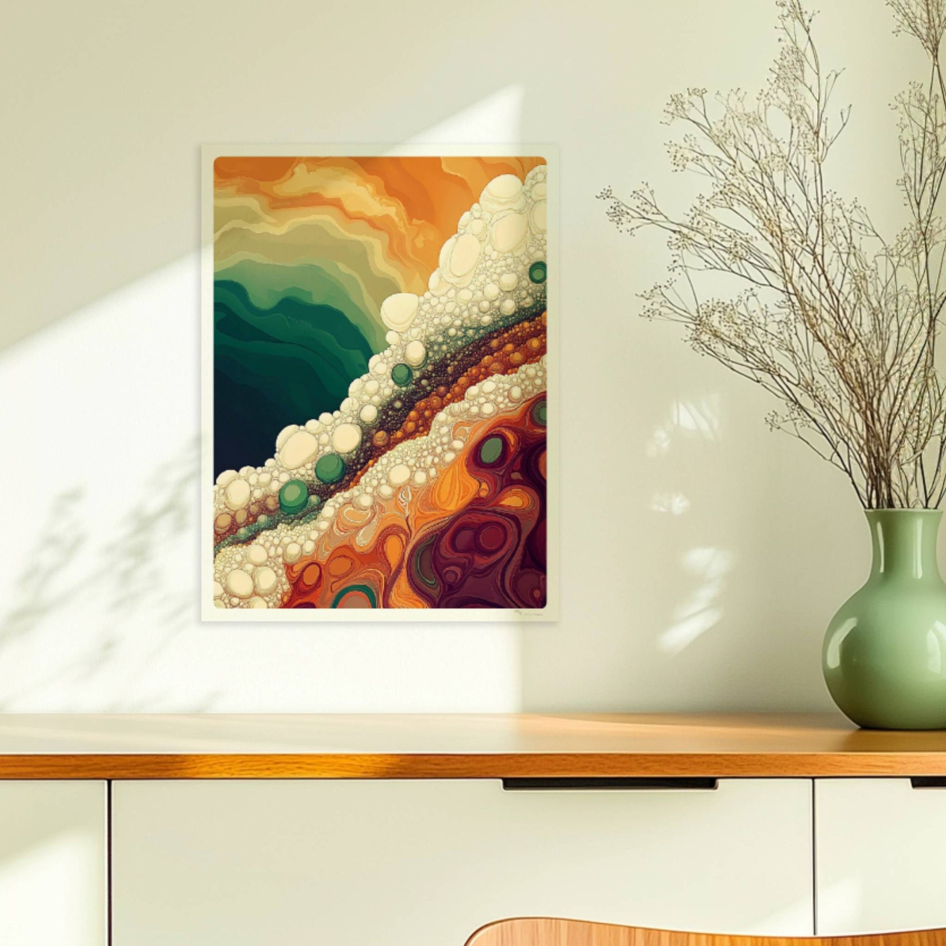 Abstrakte Landschaft mit bunten Schichten, weißen Blasen und dynamischen Farbverläufen in Grün, Orange und Braun.. Ohne Rahmen 30x40