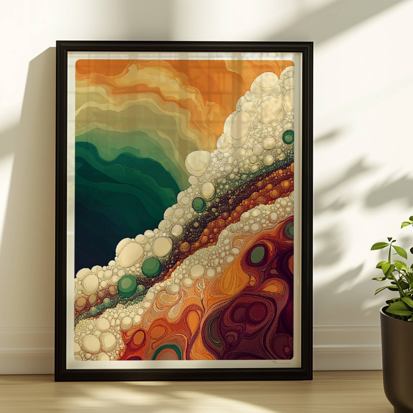 Abstrakte Landschaft mit bunten Schichten, weißen Blasen und dynamischen Farbverläufen in Grün, Orange und Braun.. Rahmen schwarz 30x40