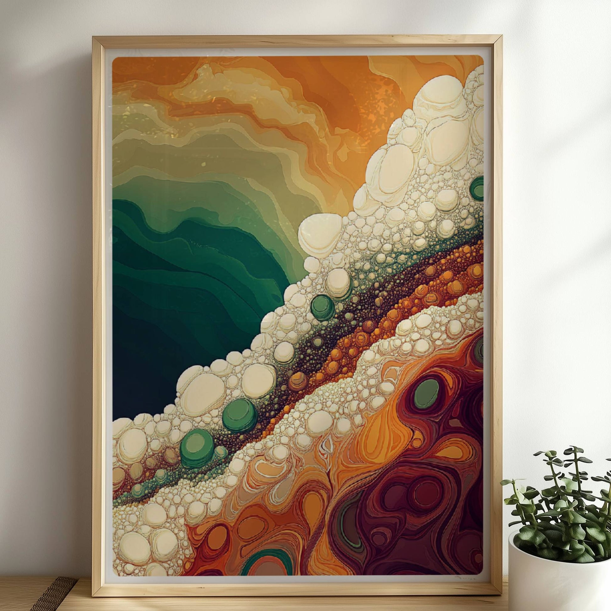 Abstrakte Landschaft mit bunten Schichten, weißen Blasen und dynamischen Farbverläufen in Grün, Orange und Braun.. Rahmen natur 50x70