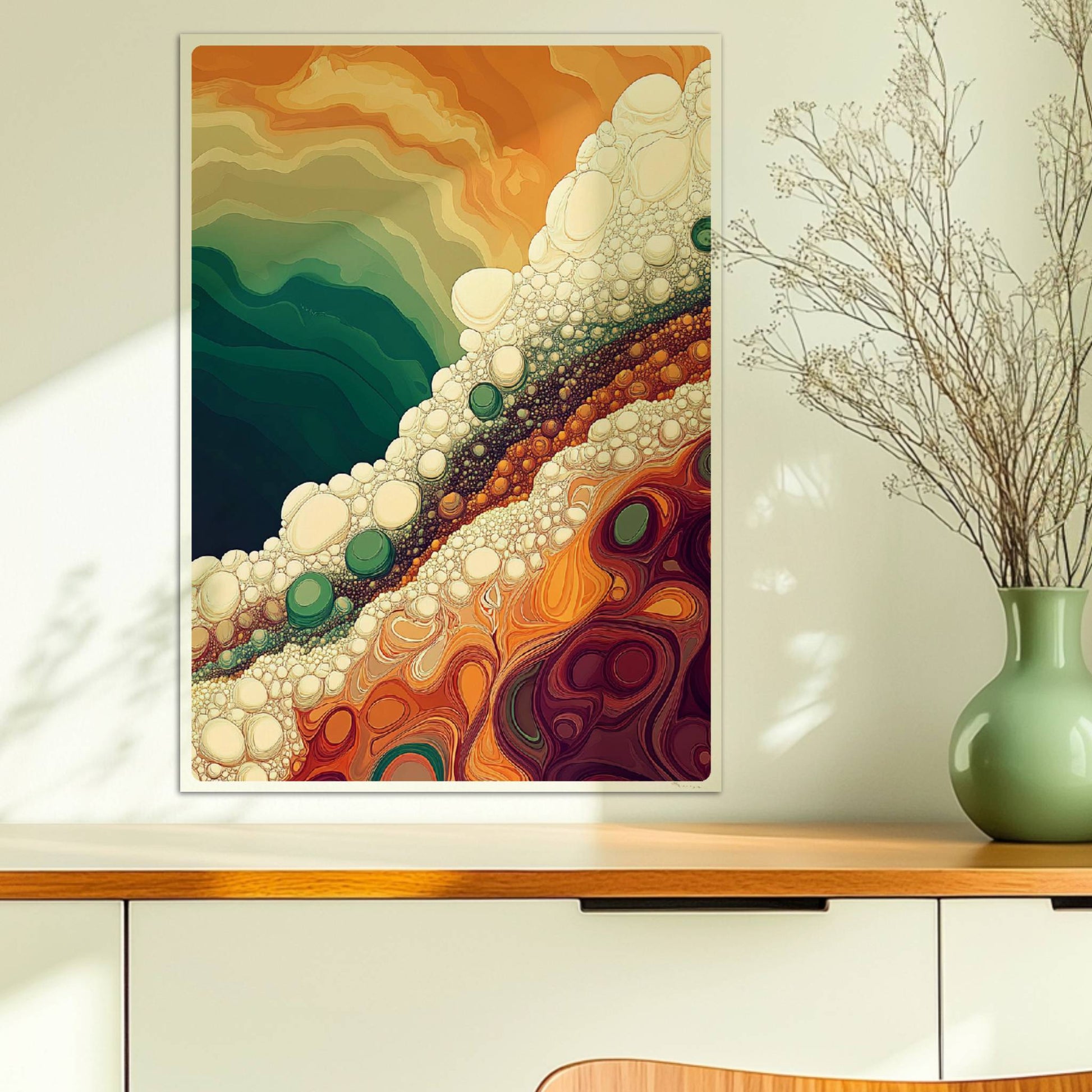 Abstrakte Landschaft mit bunten Schichten, weißen Blasen und dynamischen Farbverläufen in Grün, Orange und Braun.. Ohne Rahmen 50x70
