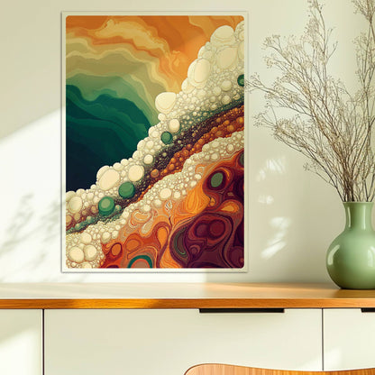 Abstrakte Landschaft mit bunten Schichten, weißen Blasen und dynamischen Farbverläufen in Grün, Orange und Braun.. Ohne Rahmen 50x70