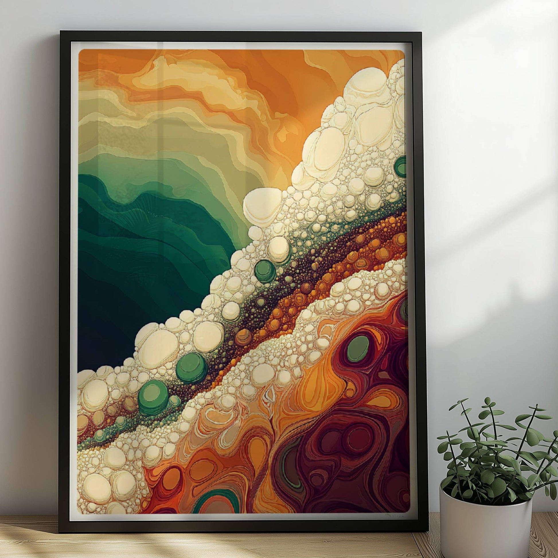 Abstrakte Landschaft mit bunten Schichten, weißen Blasen und dynamischen Farbverläufen in Grün, Orange und Braun.. Rahmen schwarz 50x70