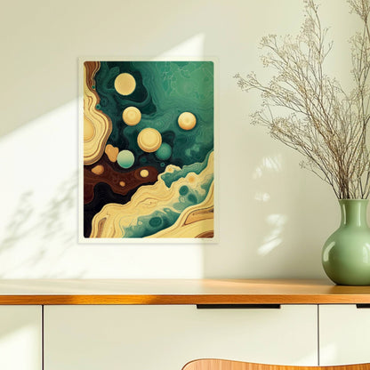 Abstrakte Kunst mit goldenen Blasen, geschwungenen Linien und topografischen Strukturen in Braun, Grün und Gelb.. Ohne Rahmen 30x40