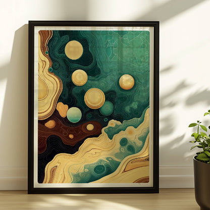 Abstrakte Kunst mit goldenen Blasen, geschwungenen Linien und topografischen Strukturen in Braun, Grün und Gelb.. Rahmen schwarz 30x40