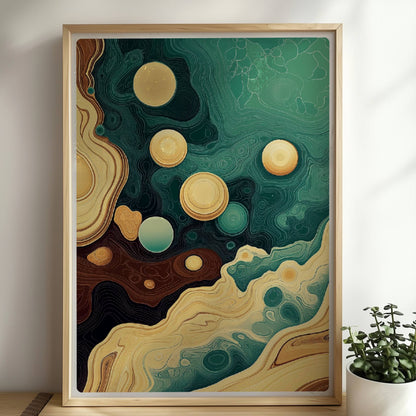 Abstrakte Kunst mit goldenen Blasen, geschwungenen Linien und topografischen Strukturen in Braun, Grün und Gelb.. Rahmen natur 50x70