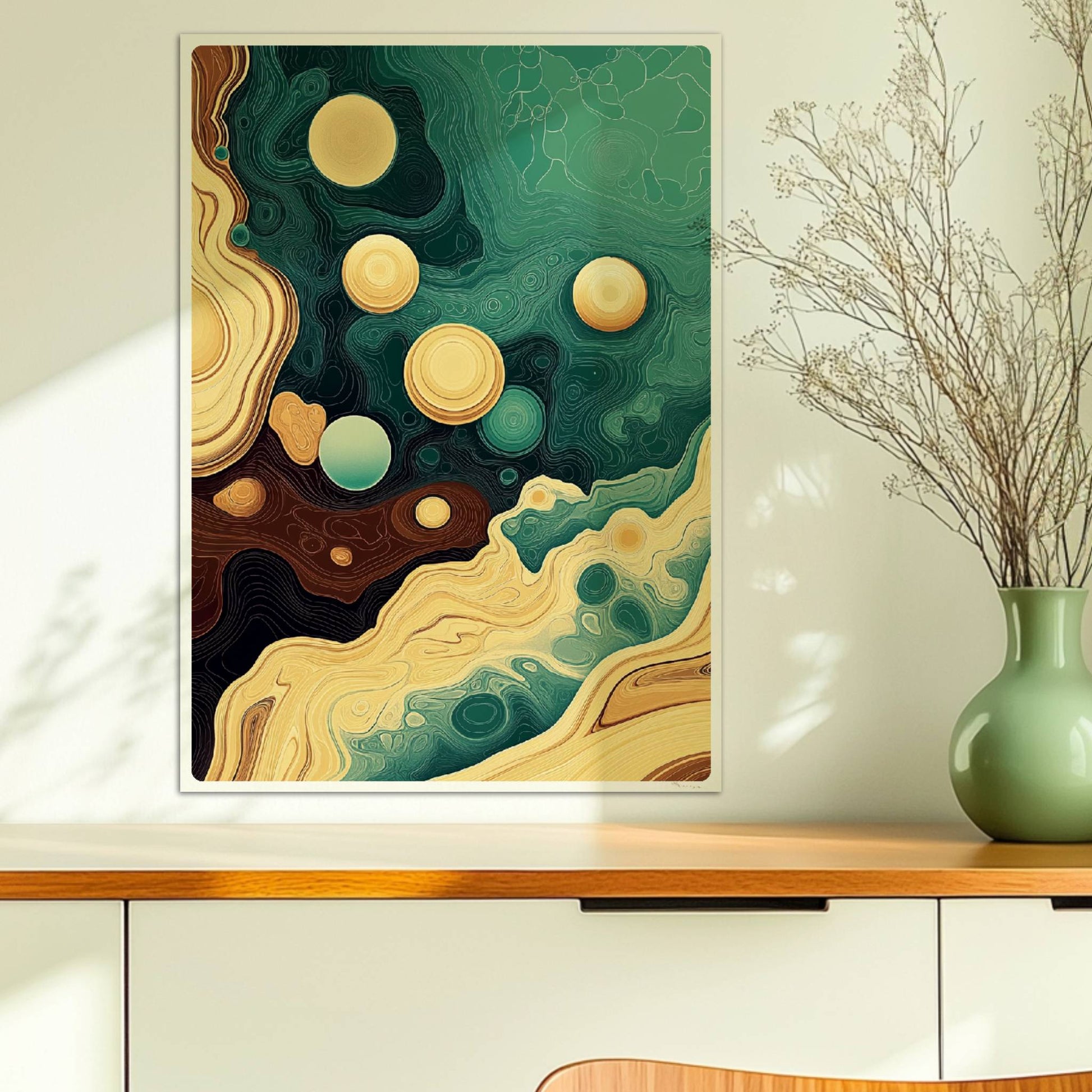 Abstrakte Kunst mit goldenen Blasen, geschwungenen Linien und topografischen Strukturen in Braun, Grün und Gelb.. Ohne Rahmen 50x70