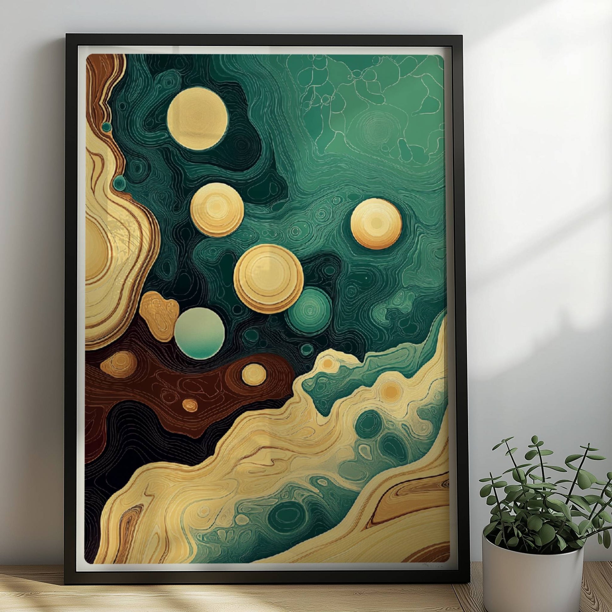 Abstrakte Kunst mit goldenen Blasen, geschwungenen Linien und topografischen Strukturen in Braun, Grün und Gelb.. Rahmen schwarz 50x70