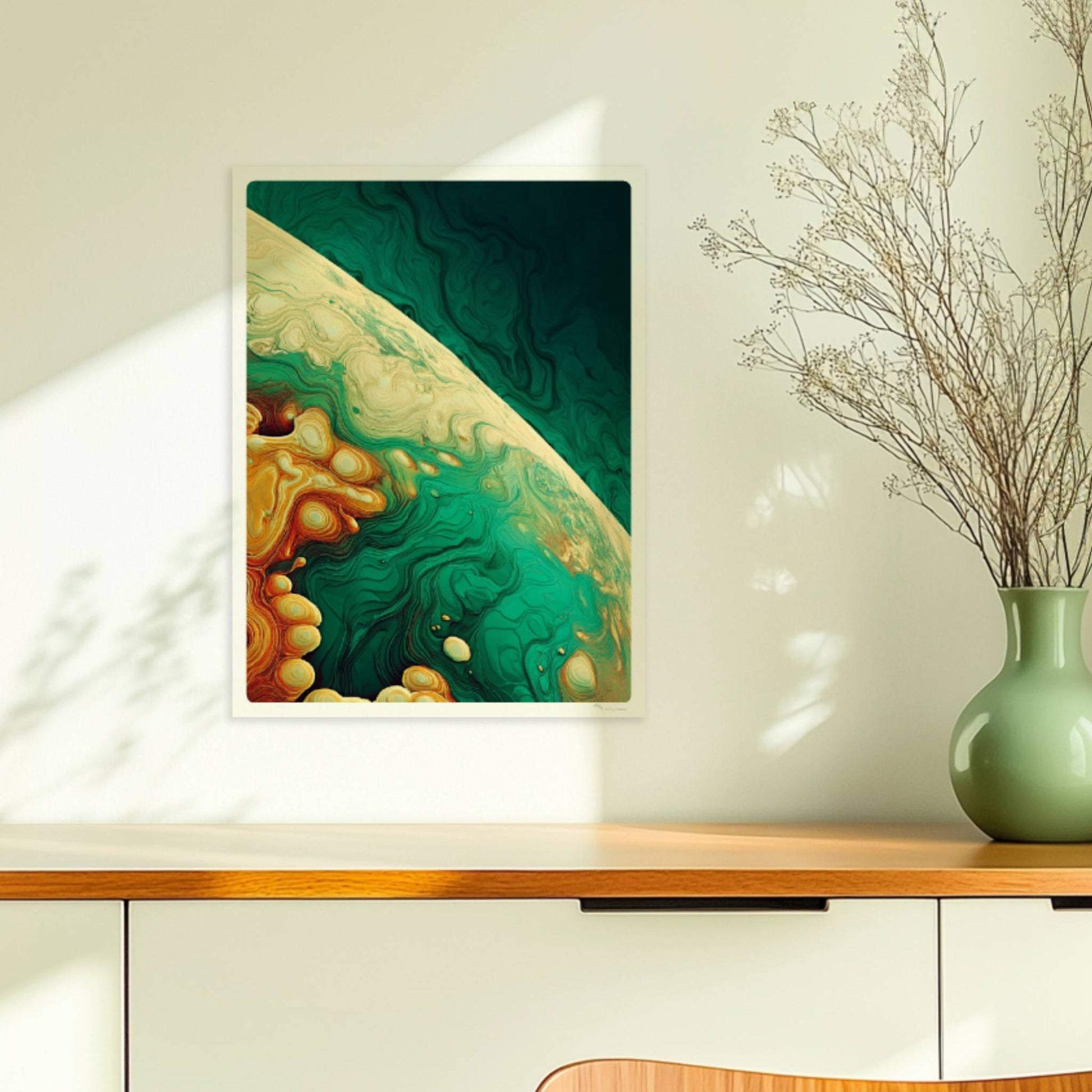 Abstrakte Kunst mit dynamischen topografischen Linien, organischen Formen und einem Verlauf aus Türkis, Gelb und Orange.. Ohne Rahmen 30x40
