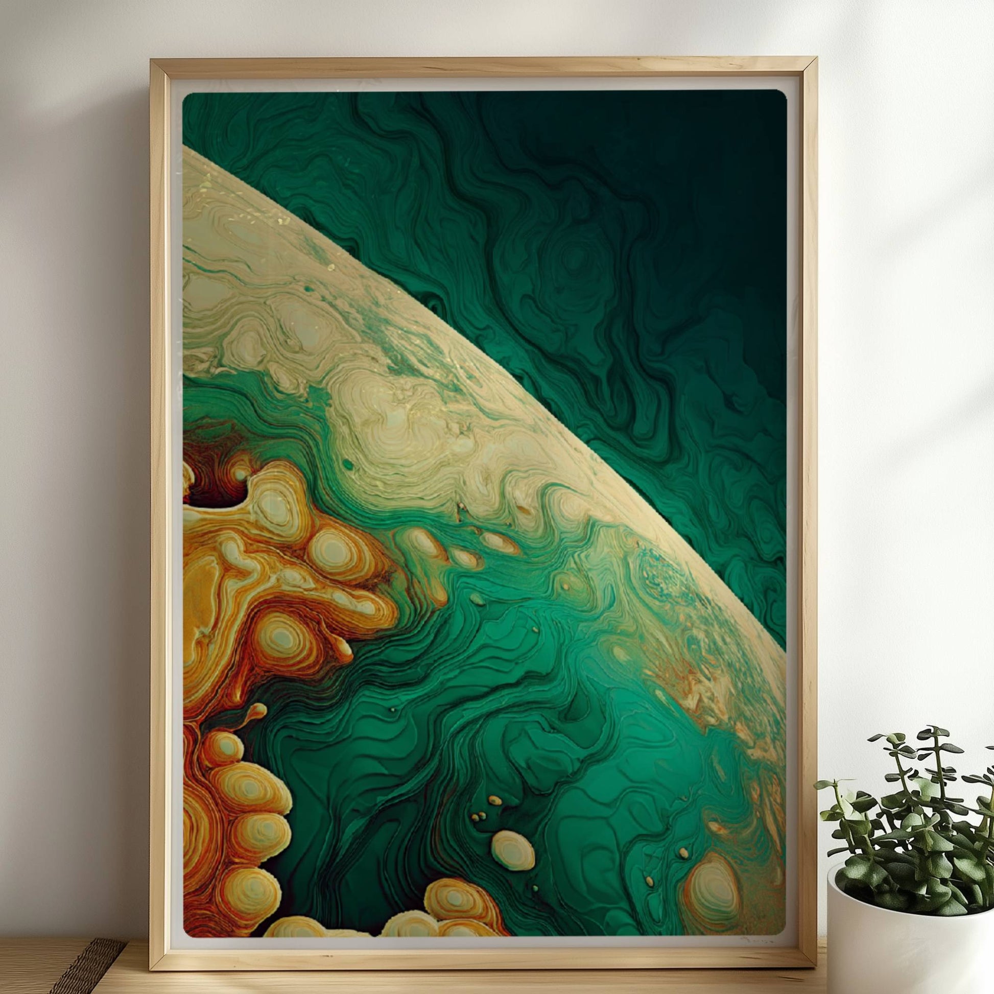 Abstrakte Kunst mit dynamischen topografischen Linien, organischen Formen und einem Verlauf aus Türkis, Gelb und Orange.. Rahmen natur 50x70