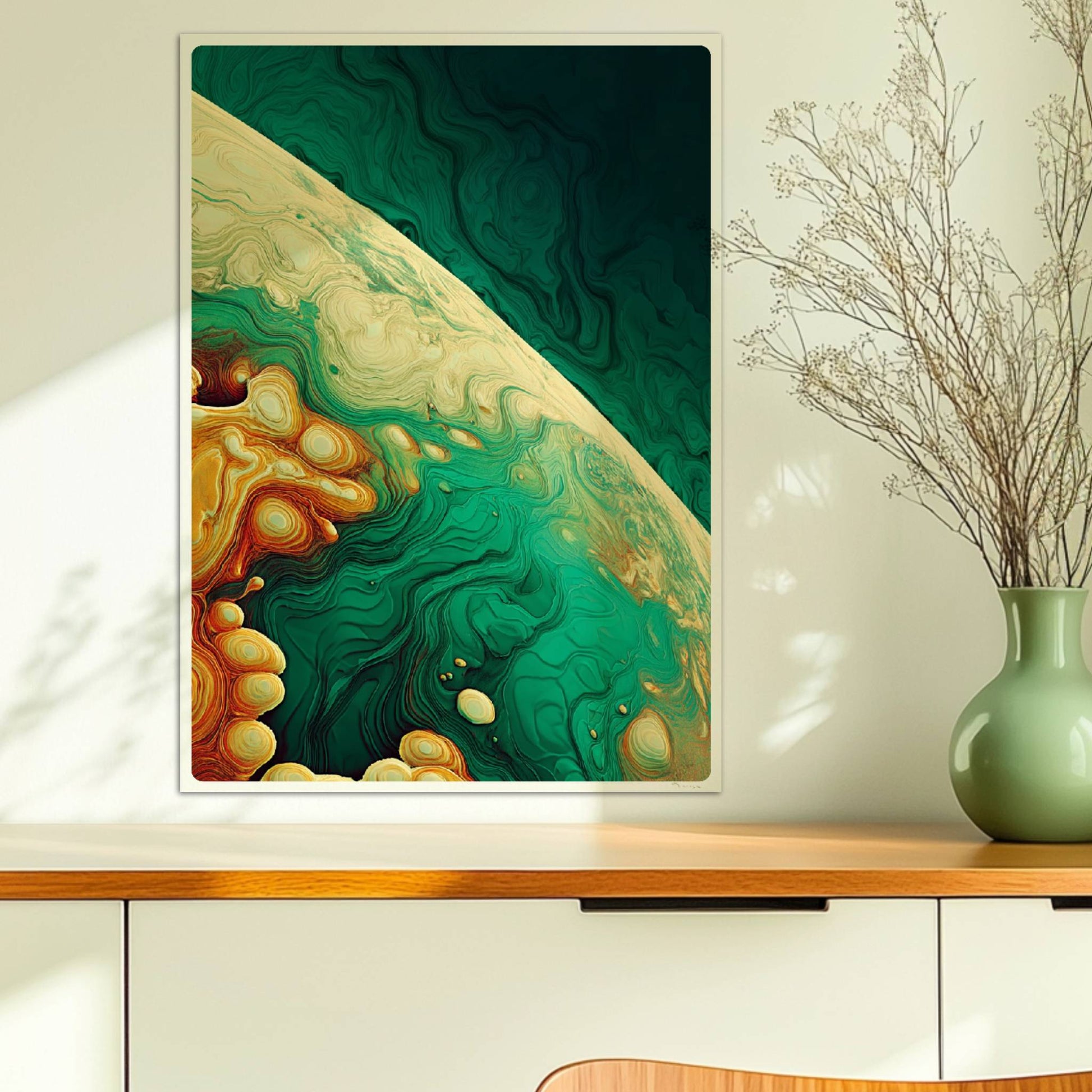 Abstrakte Kunst mit dynamischen topografischen Linien, organischen Formen und einem Verlauf aus Türkis, Gelb und Orange.. Ohne Rahmen 50x70