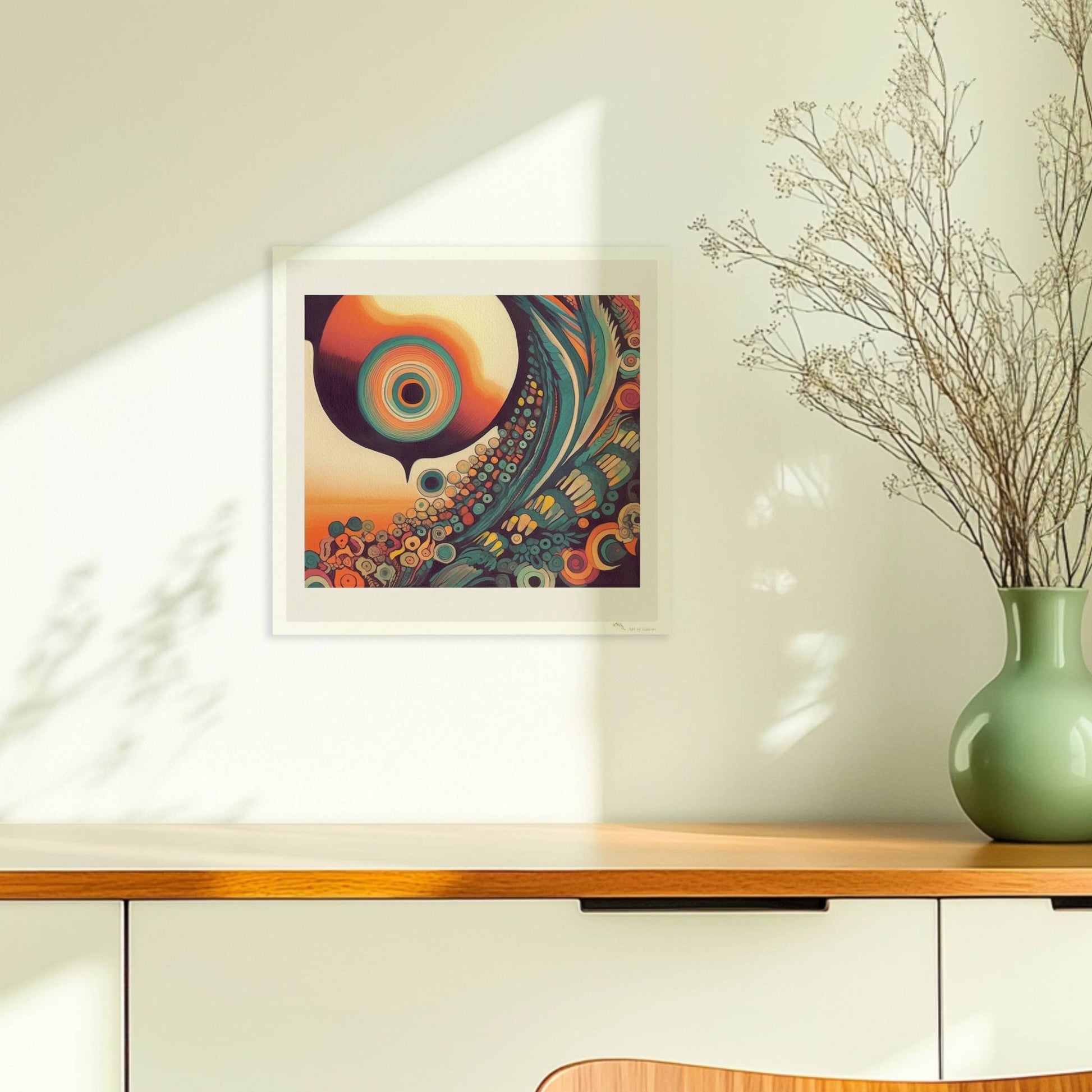 Abstrakte Komposition mit konzentrischen Kreisen, Sonnenuntergangsfarben und floralen Mustern auf schwarzem Hintergrund.. Ohne Rahmen 30x30