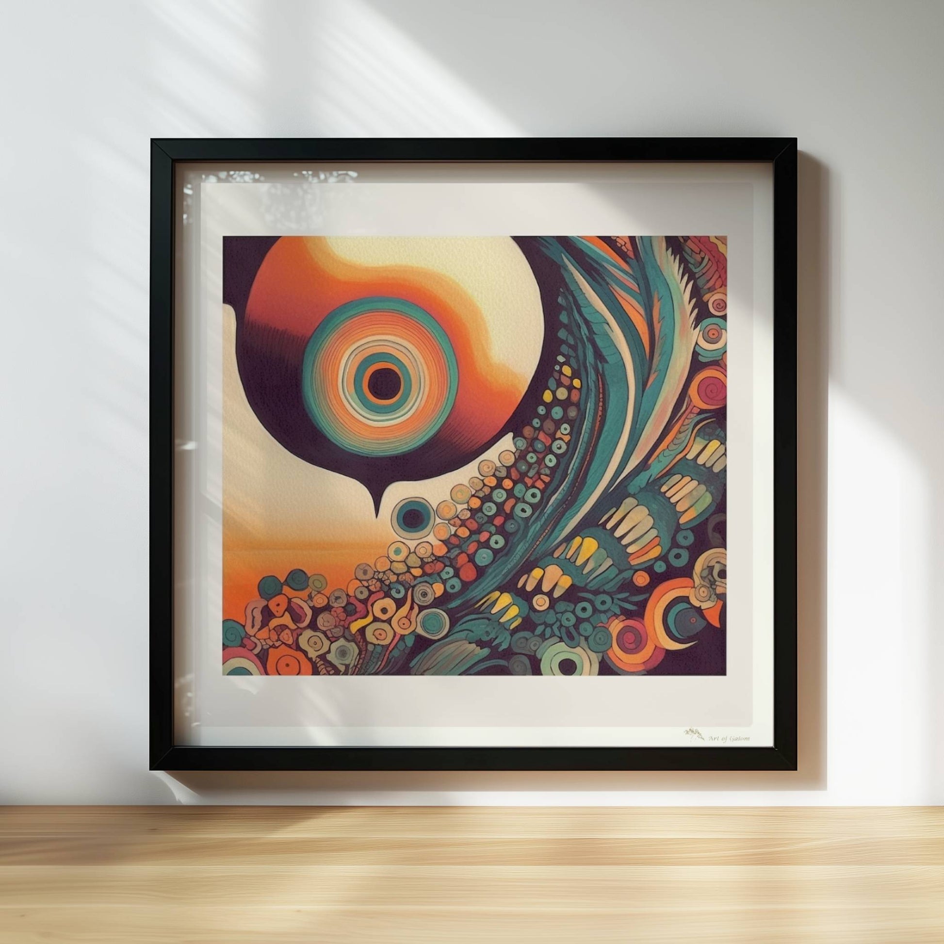 Abstrakte Komposition mit konzentrischen Kreisen, Sonnenuntergangsfarben und floralen Mustern auf schwarzem Hintergrund.. Rahmen schwarz 30x30
