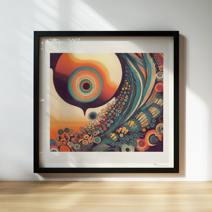 Abstrakte Komposition mit konzentrischen Kreisen, Sonnenuntergangsfarben und floralen Mustern auf schwarzem Hintergrund.. Rahmen schwarz 30x30