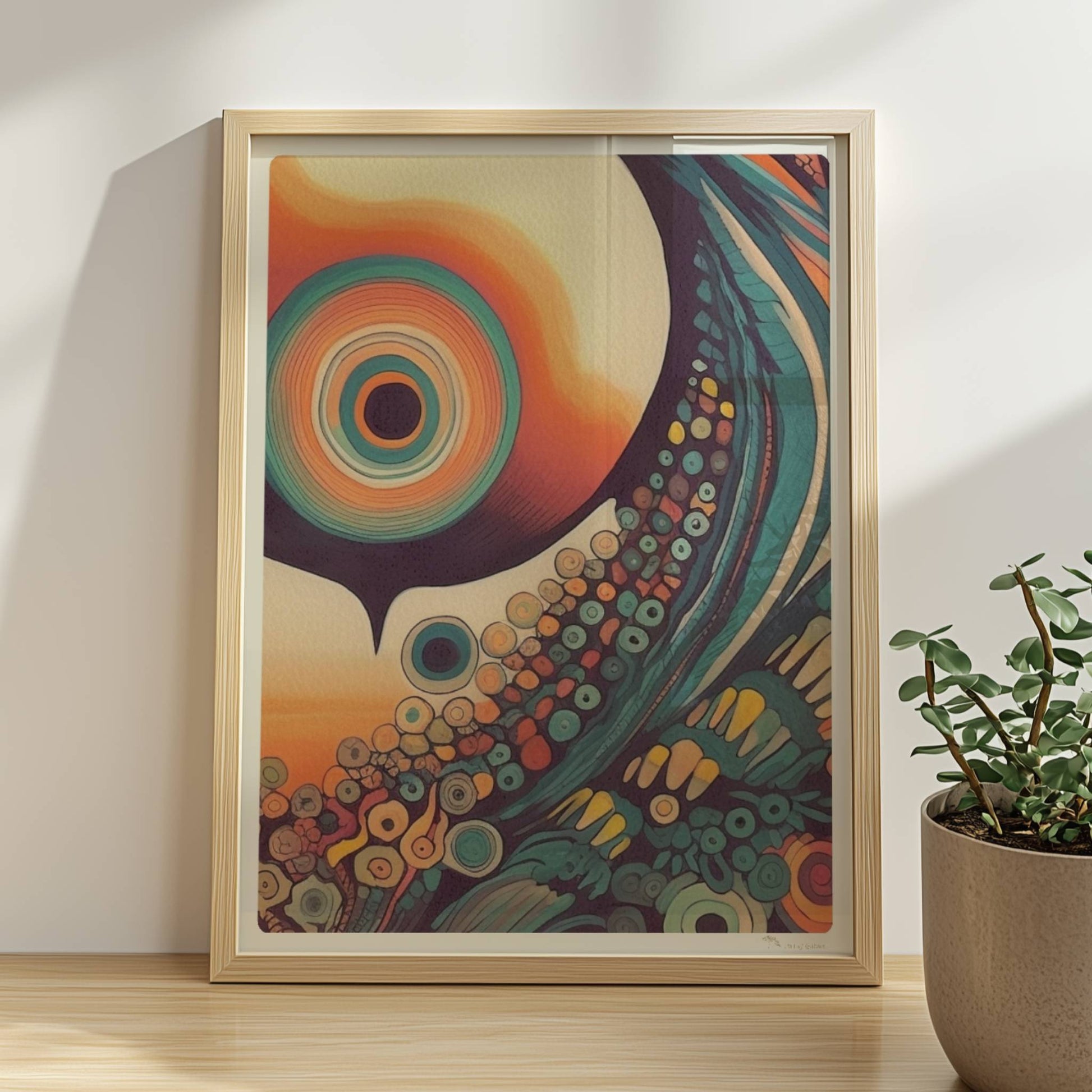 Abstrakte Komposition mit konzentrischen Kreisen, Sonnenuntergangsfarben und floralen Mustern auf schwarzem Hintergrund.. Rahmen natur 30x40