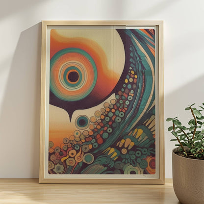 Abstrakte Komposition mit konzentrischen Kreisen, Sonnenuntergangsfarben und floralen Mustern auf schwarzem Hintergrund.. Rahmen natur 30x40