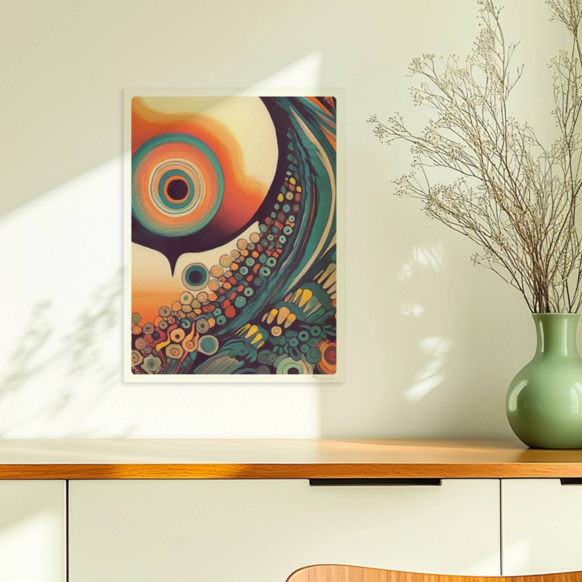 Abstrakte Komposition mit konzentrischen Kreisen, Sonnenuntergangsfarben und floralen Mustern auf schwarzem Hintergrund.. Ohne Rahmen 30x40
