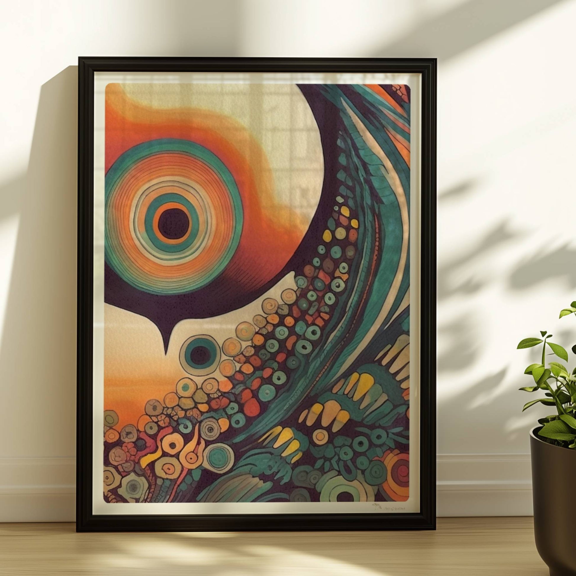 Abstrakte Komposition mit konzentrischen Kreisen, Sonnenuntergangsfarben und floralen Mustern auf schwarzem Hintergrund.. Rahmen schwarz 30x40