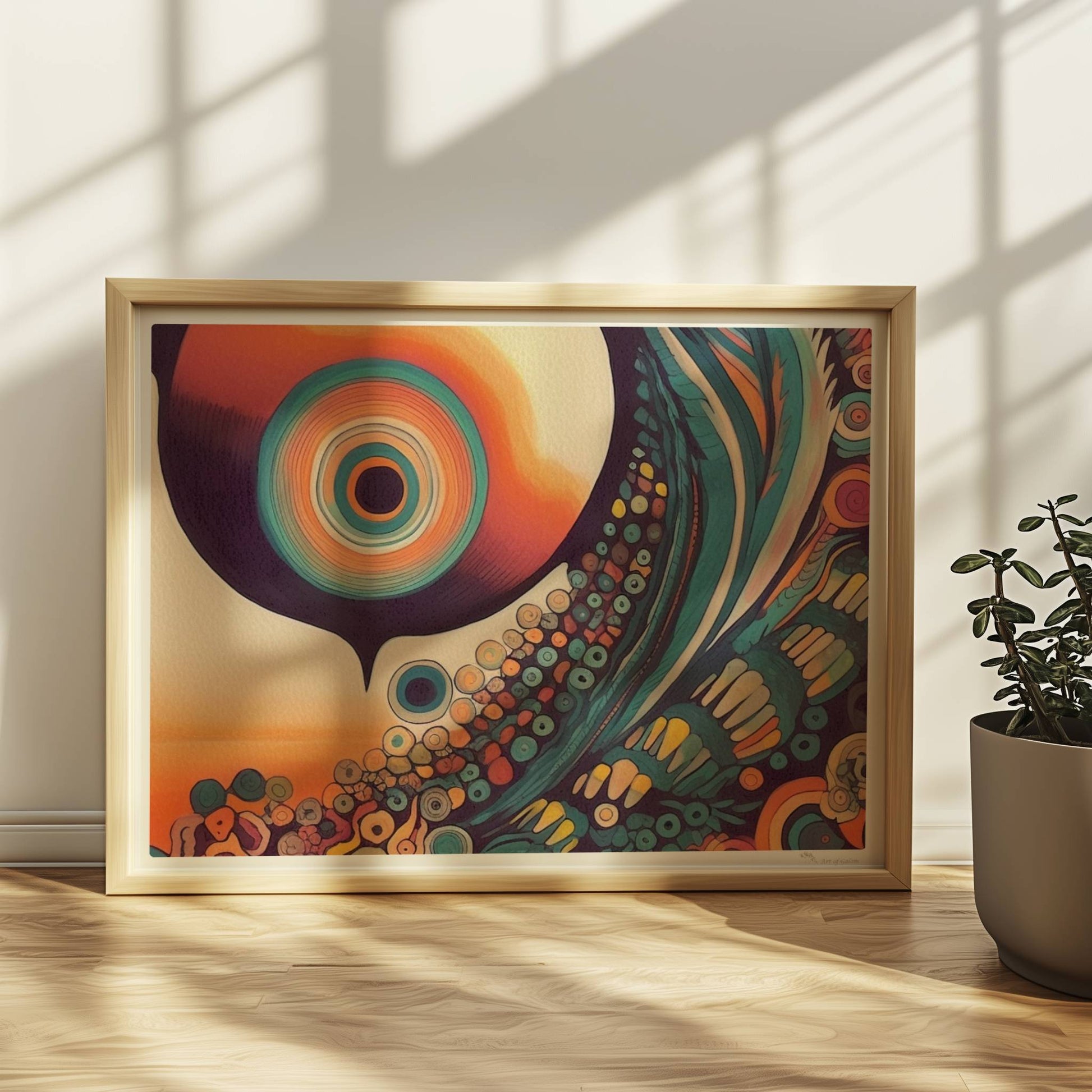 Abstrakte Komposition mit konzentrischen Kreisen, Sonnenuntergangsfarben und floralen Mustern auf schwarzem Hintergrund.. Rahmen natur 40x30