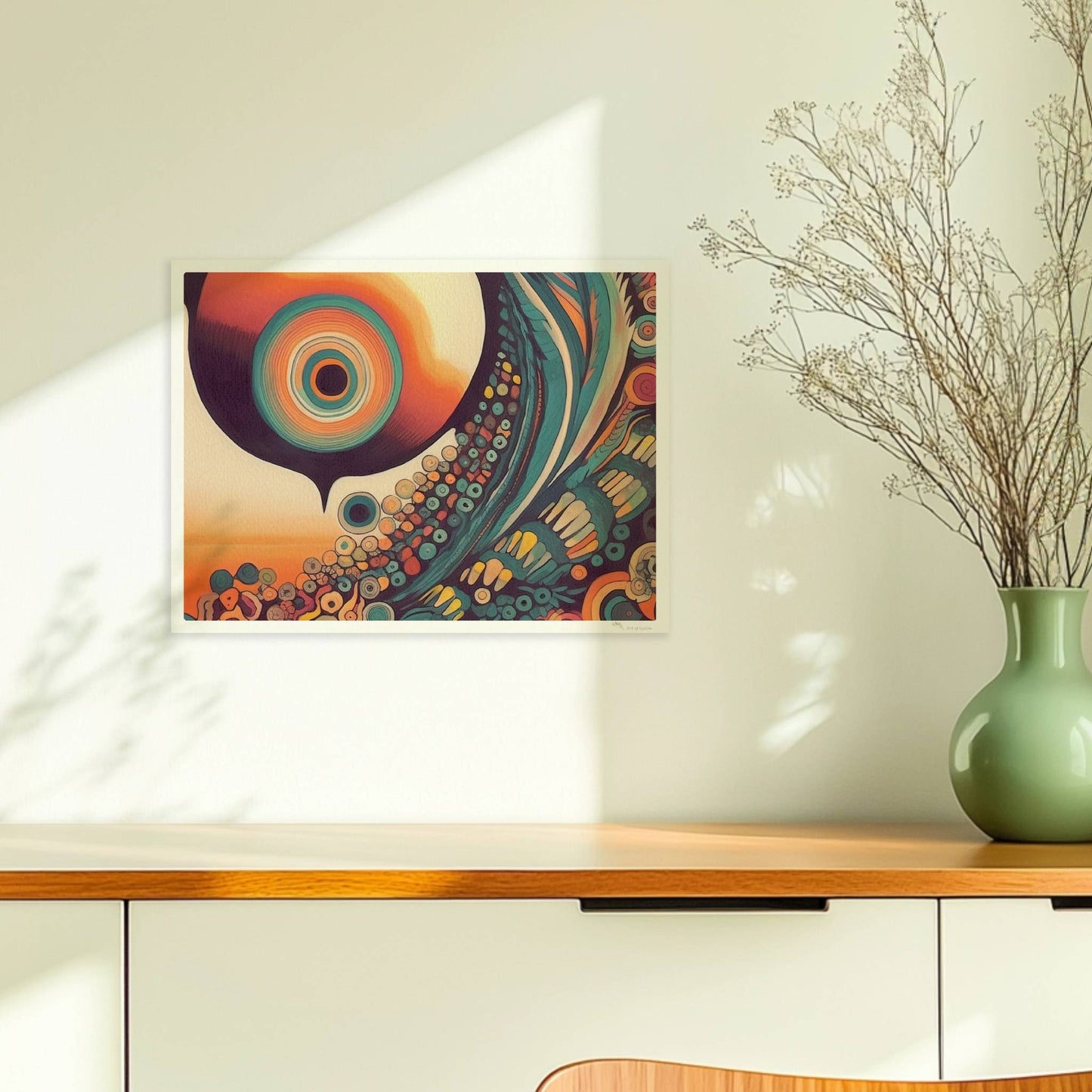 Abstrakte Komposition mit konzentrischen Kreisen, Sonnenuntergangsfarben und floralen Mustern auf schwarzem Hintergrund.. Ohne Rahmen 40x30
