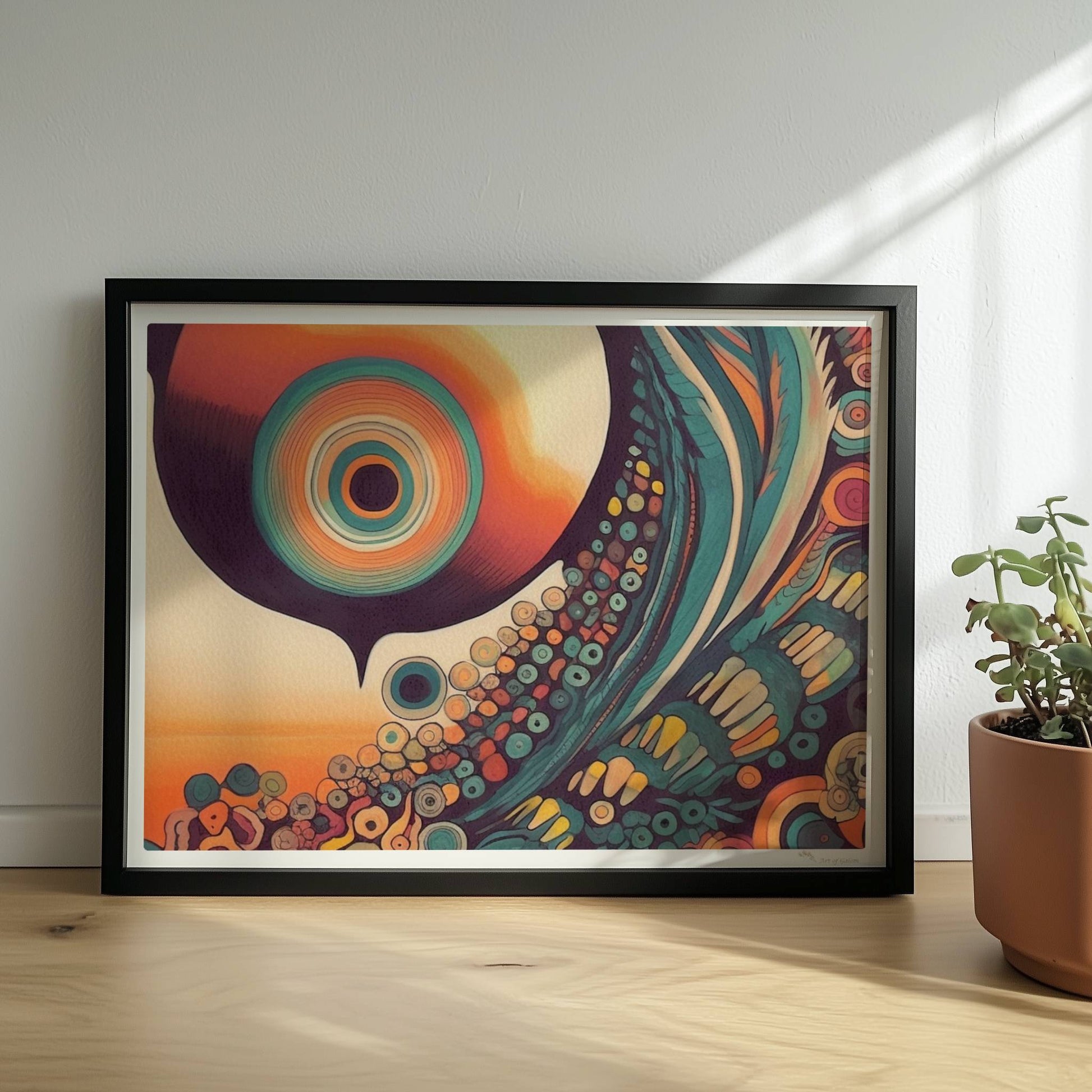 Abstrakte Komposition mit konzentrischen Kreisen, Sonnenuntergangsfarben und floralen Mustern auf schwarzem Hintergrund.. Rahmen schwarz 40x30