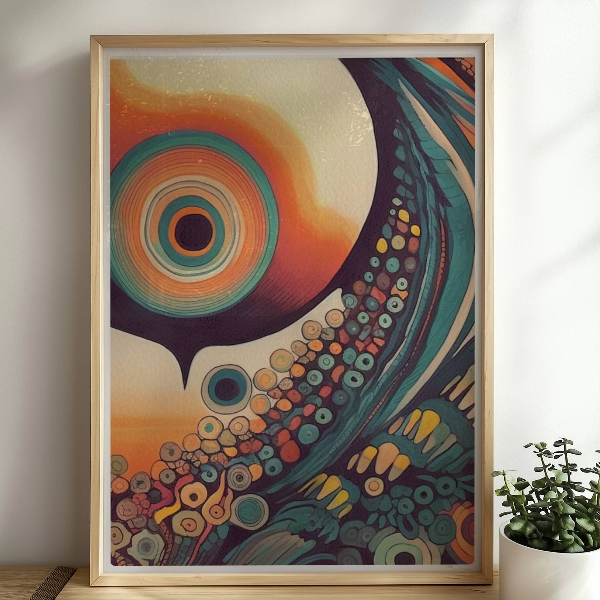 Abstrakte Komposition mit konzentrischen Kreisen, Sonnenuntergangsfarben und floralen Mustern auf schwarzem Hintergrund.. Rahmen natur 50x70