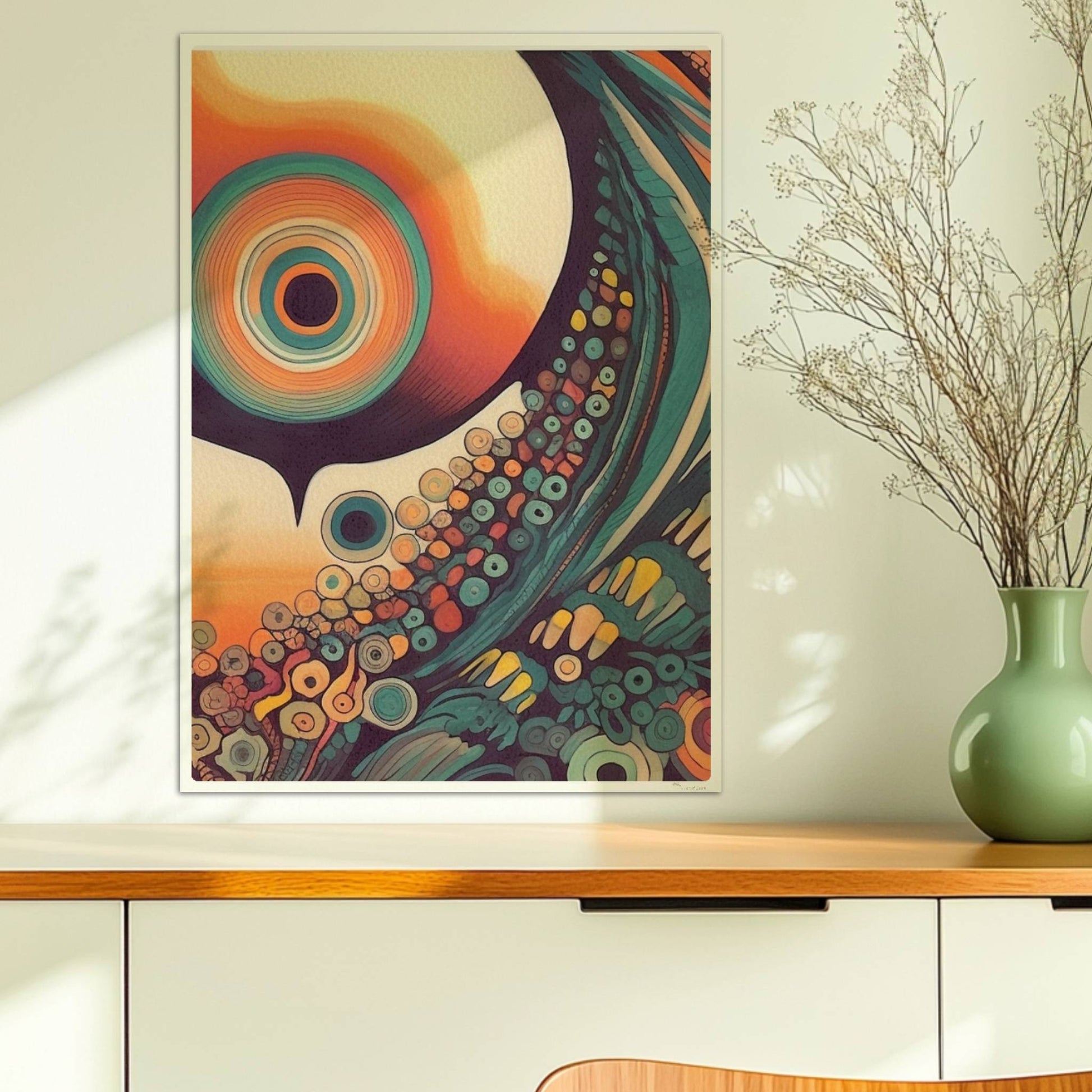 Abstrakte Komposition mit konzentrischen Kreisen, Sonnenuntergangsfarben und floralen Mustern auf schwarzem Hintergrund.. Ohne Rahmen 50x70