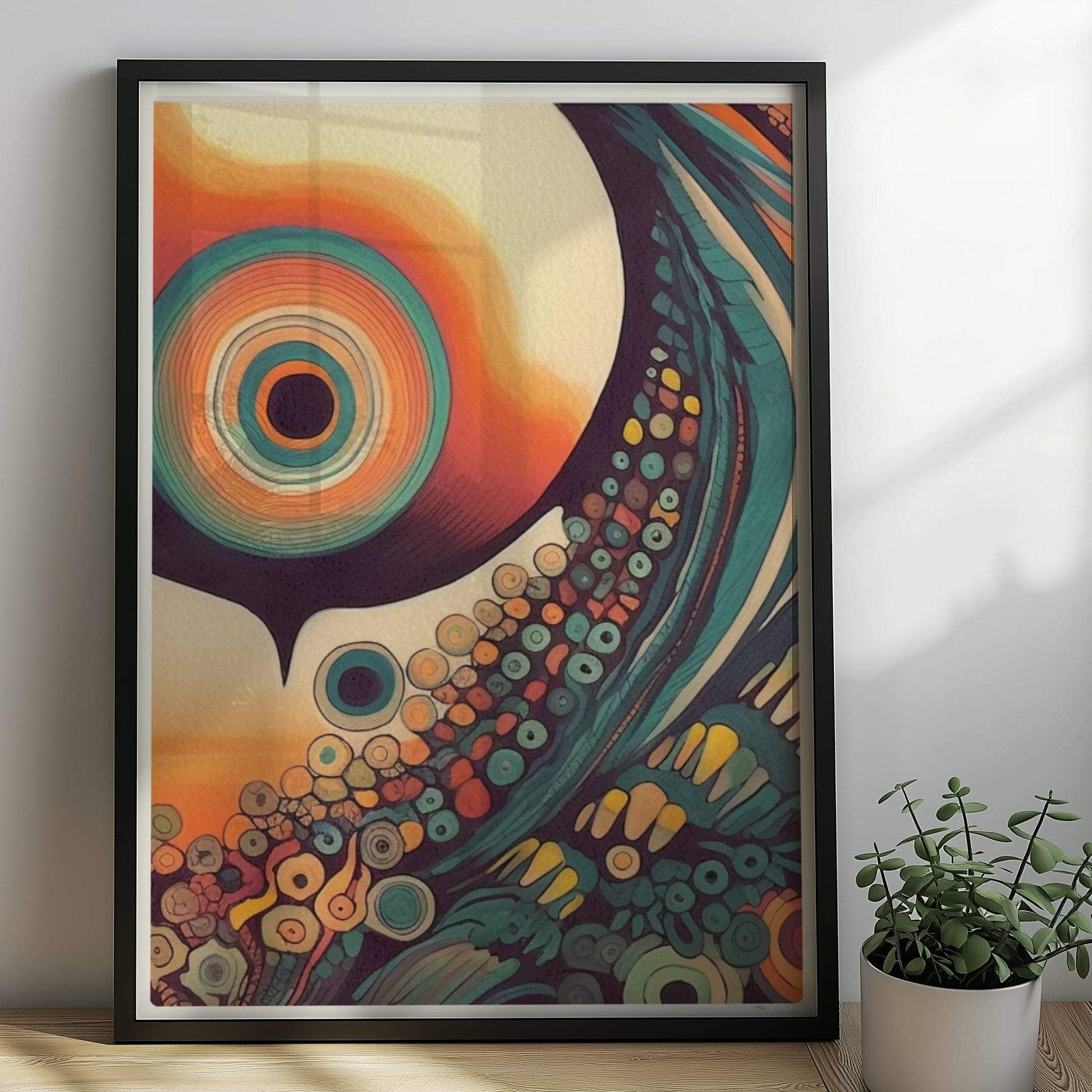 Abstrakte Komposition mit konzentrischen Kreisen, Sonnenuntergangsfarben und floralen Mustern auf schwarzem Hintergrund.. Rahmen schwarz 50x70