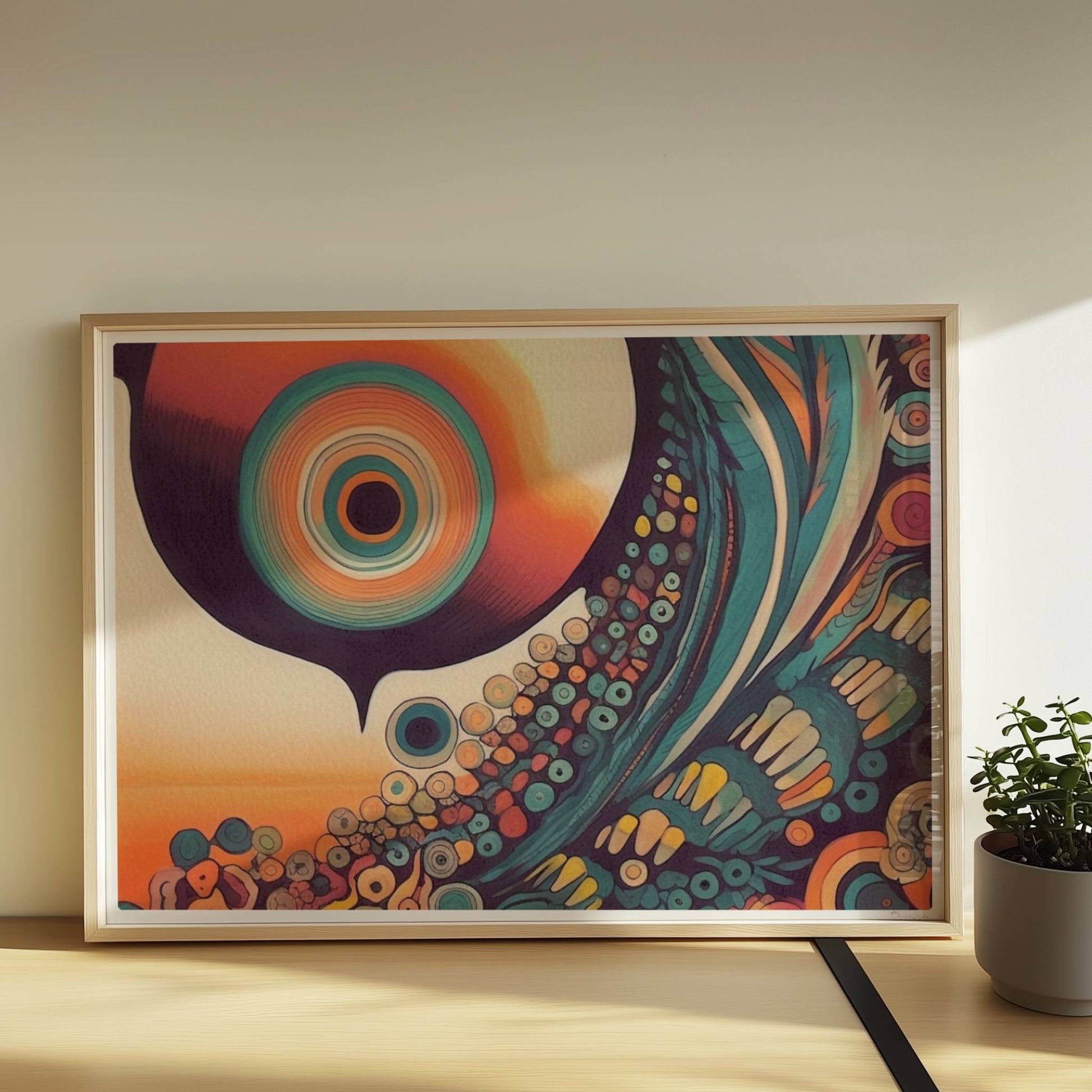 Abstrakte Komposition mit konzentrischen Kreisen, Sonnenuntergangsfarben und floralen Mustern auf schwarzem Hintergrund.. Rahmen natur 70x50
