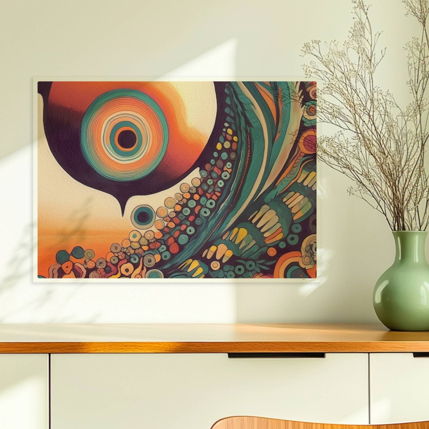 Abstrakte Komposition mit konzentrischen Kreisen, Sonnenuntergangsfarben und floralen Mustern auf schwarzem Hintergrund.. Ohne Rahmen 70x50