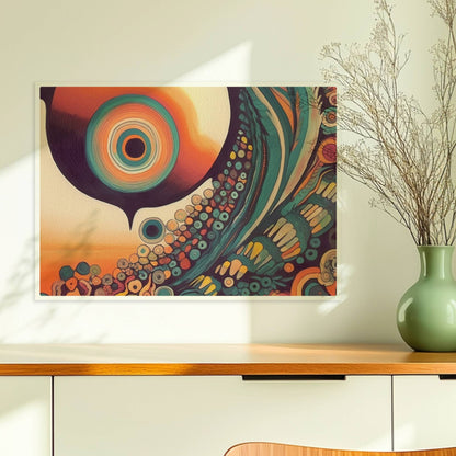 Abstrakte Komposition mit konzentrischen Kreisen, Sonnenuntergangsfarben und floralen Mustern auf schwarzem Hintergrund.. Ohne Rahmen 70x50