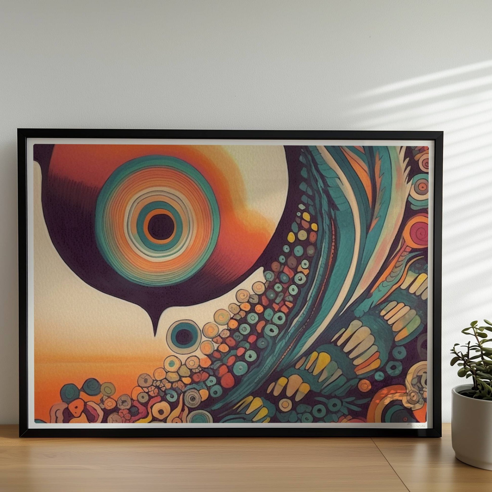 Abstrakte Komposition mit konzentrischen Kreisen, Sonnenuntergangsfarben und floralen Mustern auf schwarzem Hintergrund.. Rahmen schwarz 70x50
