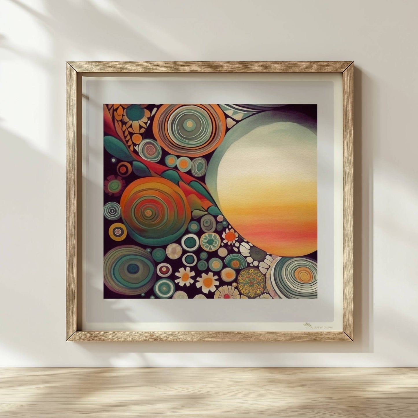 Abstrakte Kunst mit großer weißer Sonne, Kreisformen und floralen Details in kräftigen Farben auf dunklem Hintergrund.. Rahmen natur 30x30