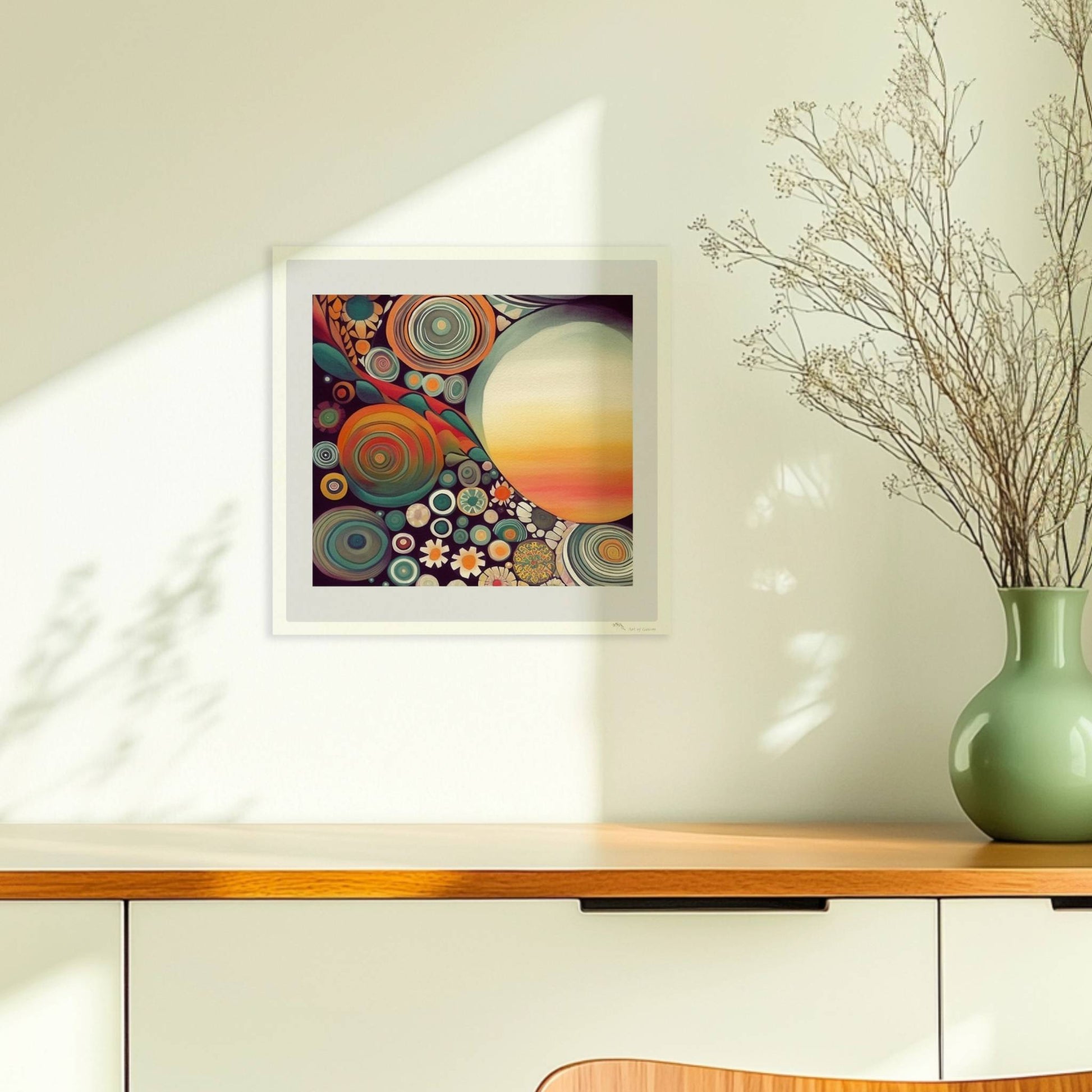 Abstrakte Kunst mit großer weißer Sonne, Kreisformen und floralen Details in kräftigen Farben auf dunklem Hintergrund.. Ohne Rahmen 30x30