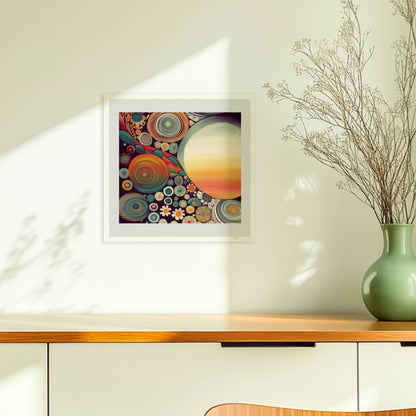 Abstrakte Kunst mit großer weißer Sonne, Kreisformen und floralen Details in kräftigen Farben auf dunklem Hintergrund.. Ohne Rahmen 30x30