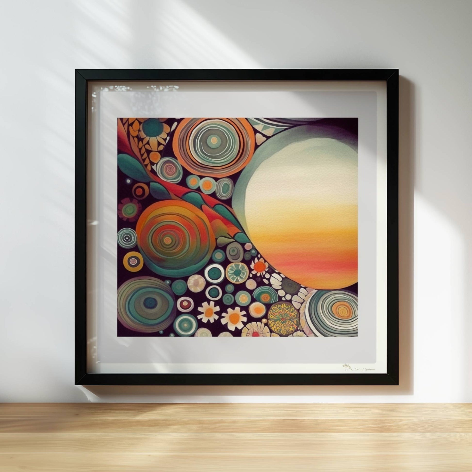 Abstrakte Kunst mit großer weißer Sonne, Kreisformen und floralen Details in kräftigen Farben auf dunklem Hintergrund.. Rahmen schwarz 30x30
