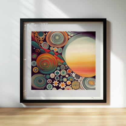 Abstrakte Kunst mit großer weißer Sonne, Kreisformen und floralen Details in kräftigen Farben auf dunklem Hintergrund.. Rahmen schwarz 30x30