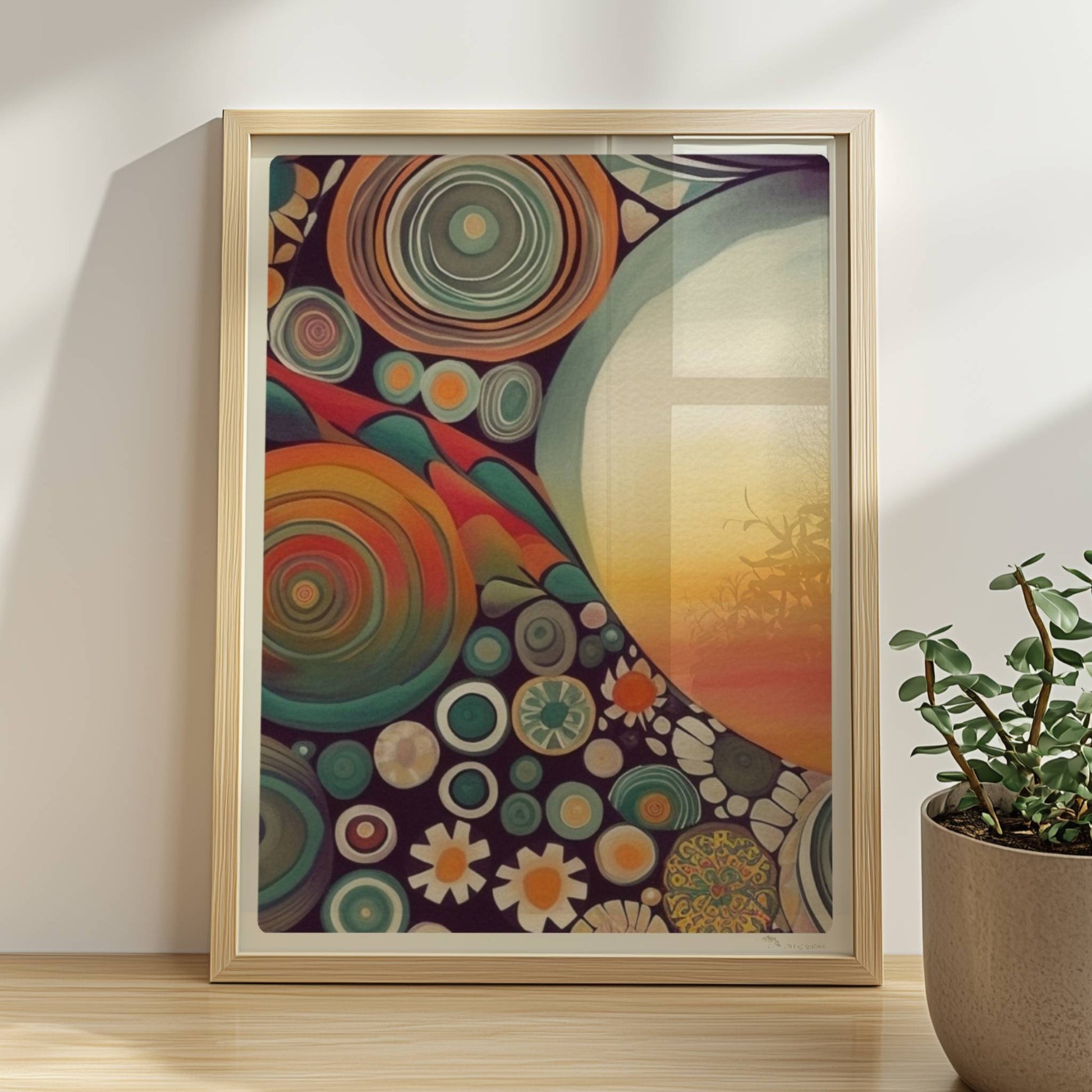 Abstrakte Kunst mit großer weißer Sonne, Kreisformen und floralen Details in kräftigen Farben auf dunklem Hintergrund.. Rahmen natur 30x40
