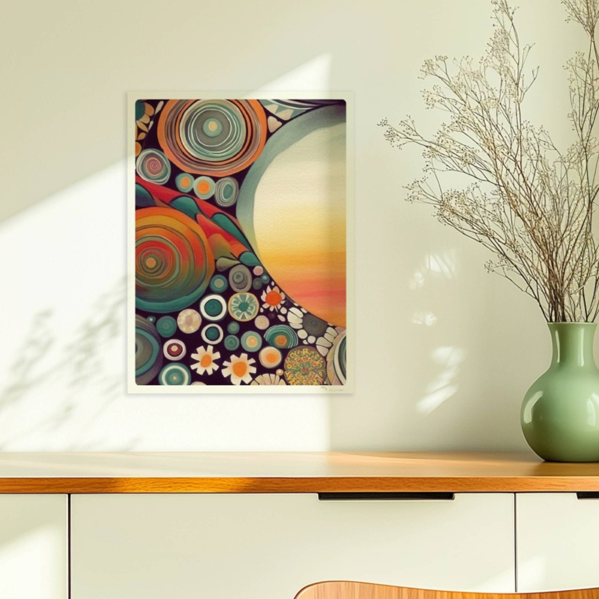 Abstrakte Kunst mit großer weißer Sonne, Kreisformen und floralen Details in kräftigen Farben auf dunklem Hintergrund.. Ohne Rahmen 30x40