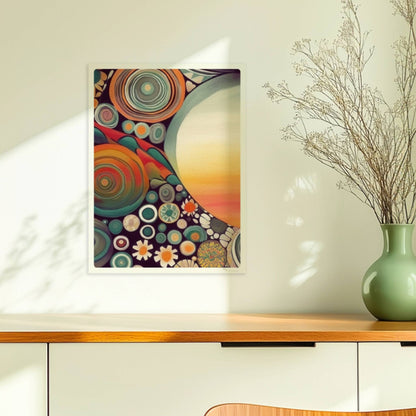 Abstrakte Kunst mit großer weißer Sonne, Kreisformen und floralen Details in kräftigen Farben auf dunklem Hintergrund.. Ohne Rahmen 30x40