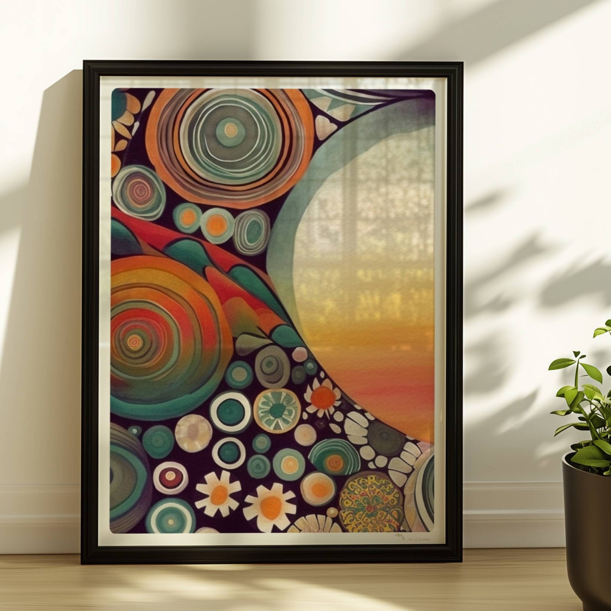 Abstrakte Kunst mit großer weißer Sonne, Kreisformen und floralen Details in kräftigen Farben auf dunklem Hintergrund.. Rahmen schwarz 30x40