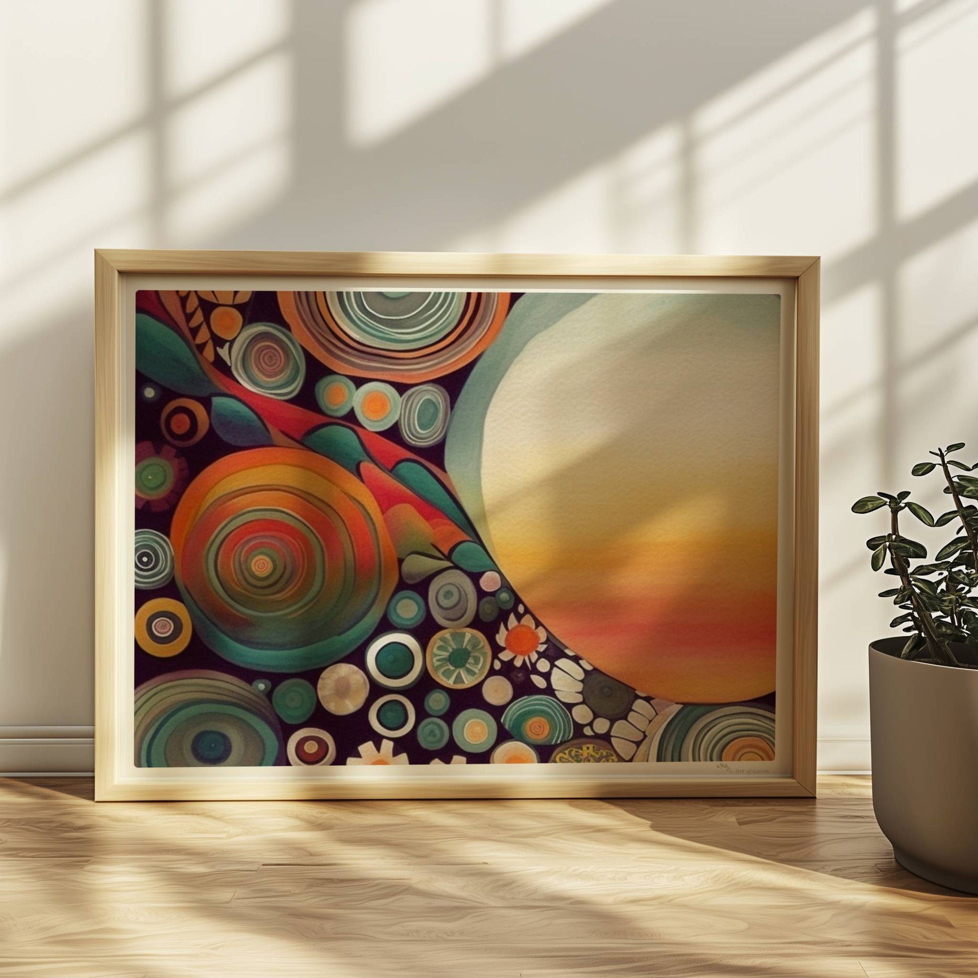 Abstrakte Kunst mit großer weißer Sonne, Kreisformen und floralen Details in kräftigen Farben auf dunklem Hintergrund.. Rahmen natur 40x30