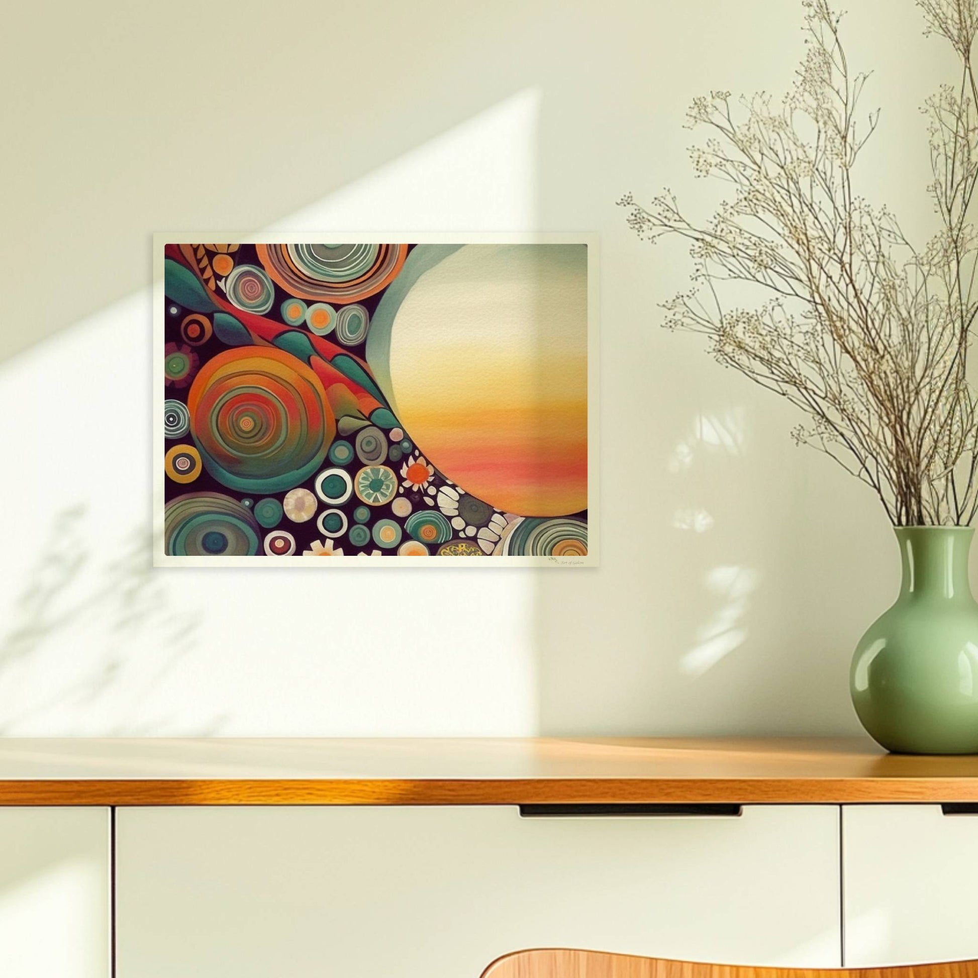 Abstrakte Kunst mit großer weißer Sonne, Kreisformen und floralen Details in kräftigen Farben auf dunklem Hintergrund.. Ohne Rahmen 40x30