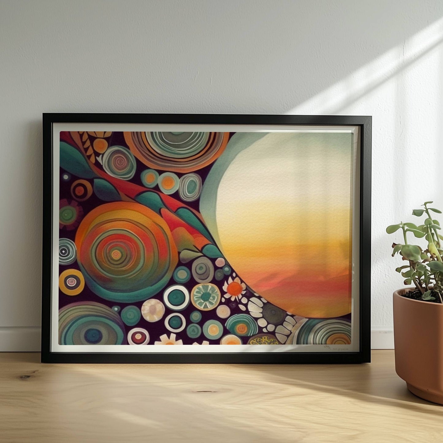 Abstrakte Kunst mit großer weißer Sonne, Kreisformen und floralen Details in kräftigen Farben auf dunklem Hintergrund.. Rahmen schwarz 40x30