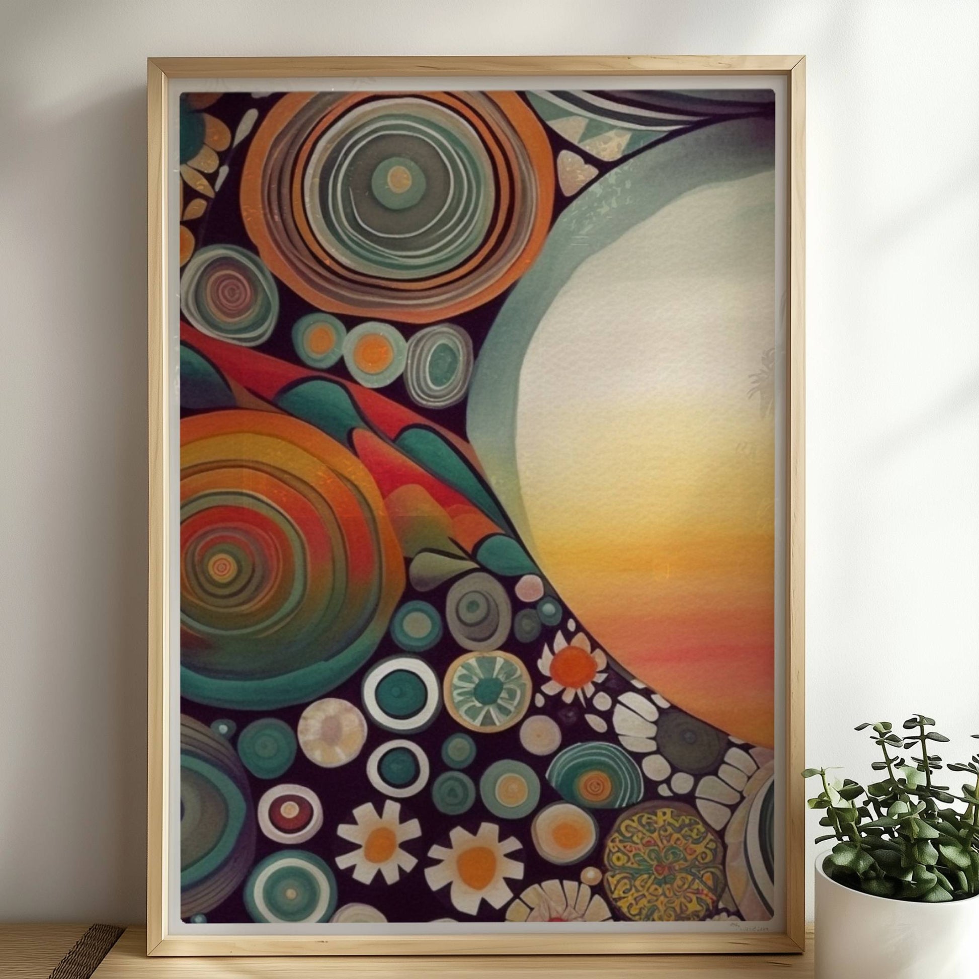 Abstrakte Kunst mit großer weißer Sonne, Kreisformen und floralen Details in kräftigen Farben auf dunklem Hintergrund.. Rahmen natur 50x70
