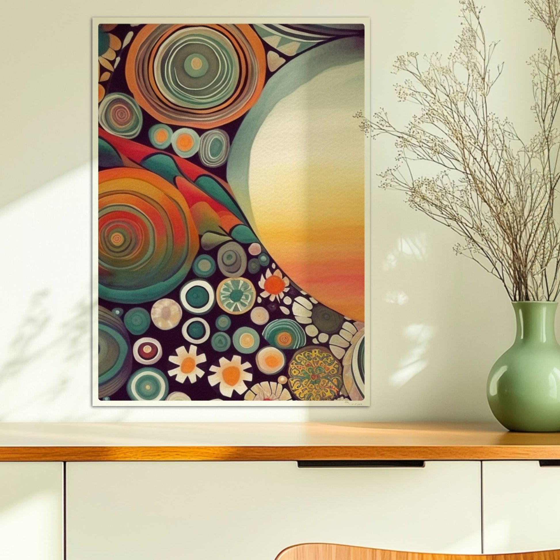 Abstrakte Kunst mit großer weißer Sonne, Kreisformen und floralen Details in kräftigen Farben auf dunklem Hintergrund.. Ohne Rahmen 50x70