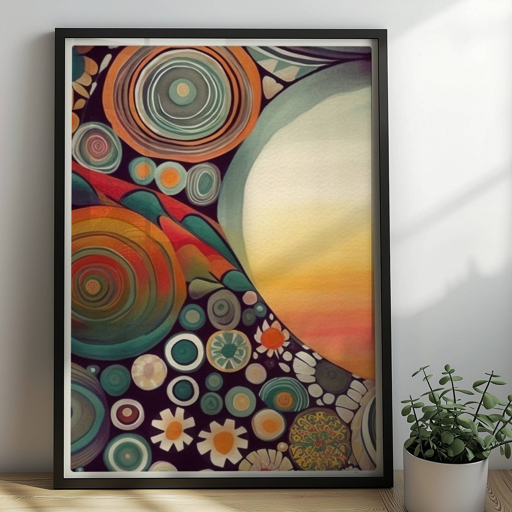 Abstrakte Kunst mit großer weißer Sonne, Kreisformen und floralen Details in kräftigen Farben auf dunklem Hintergrund.. Rahmen schwarz 50x70