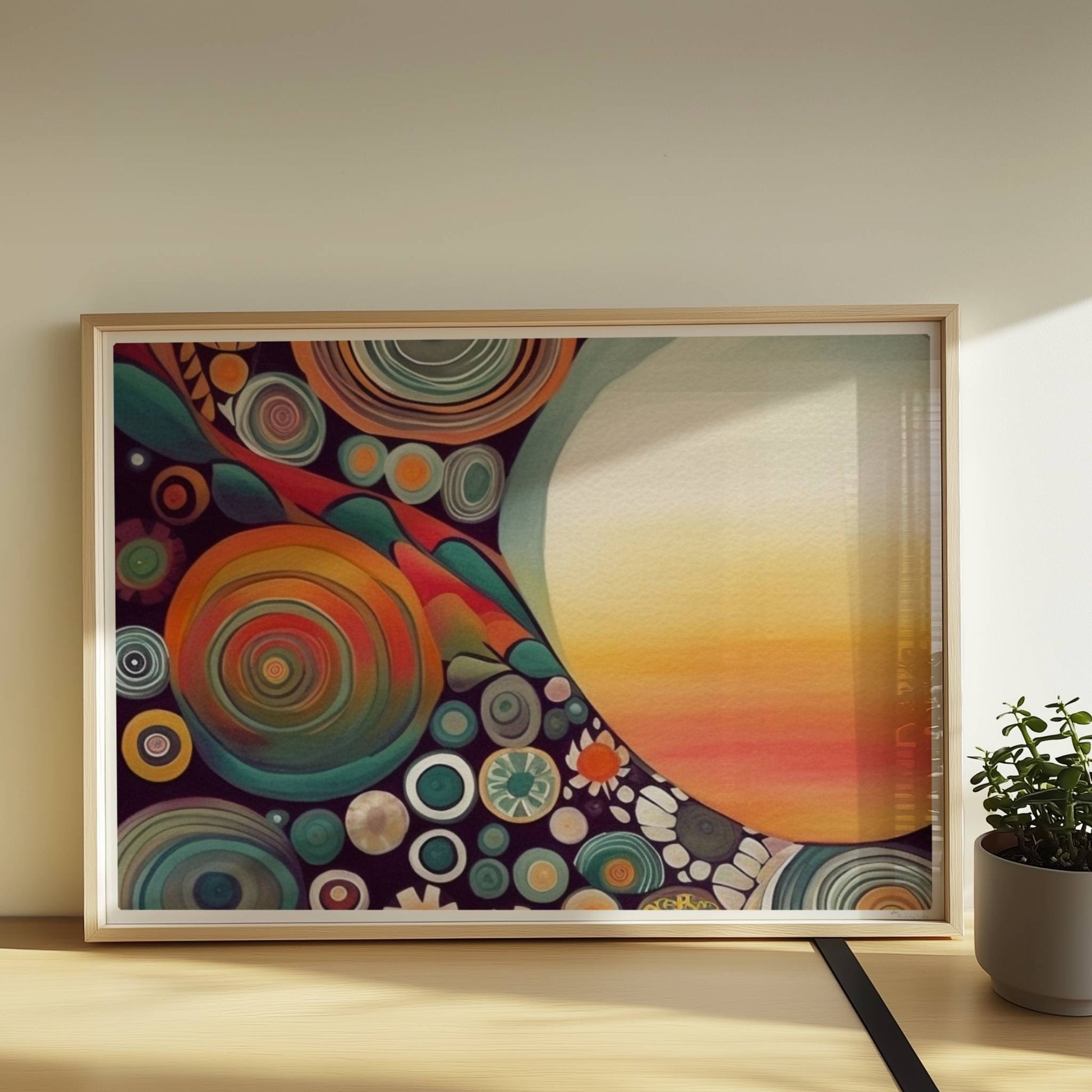 Abstrakte Kunst mit großer weißer Sonne, Kreisformen und floralen Details in kräftigen Farben auf dunklem Hintergrund.. Rahmen natur 70x50