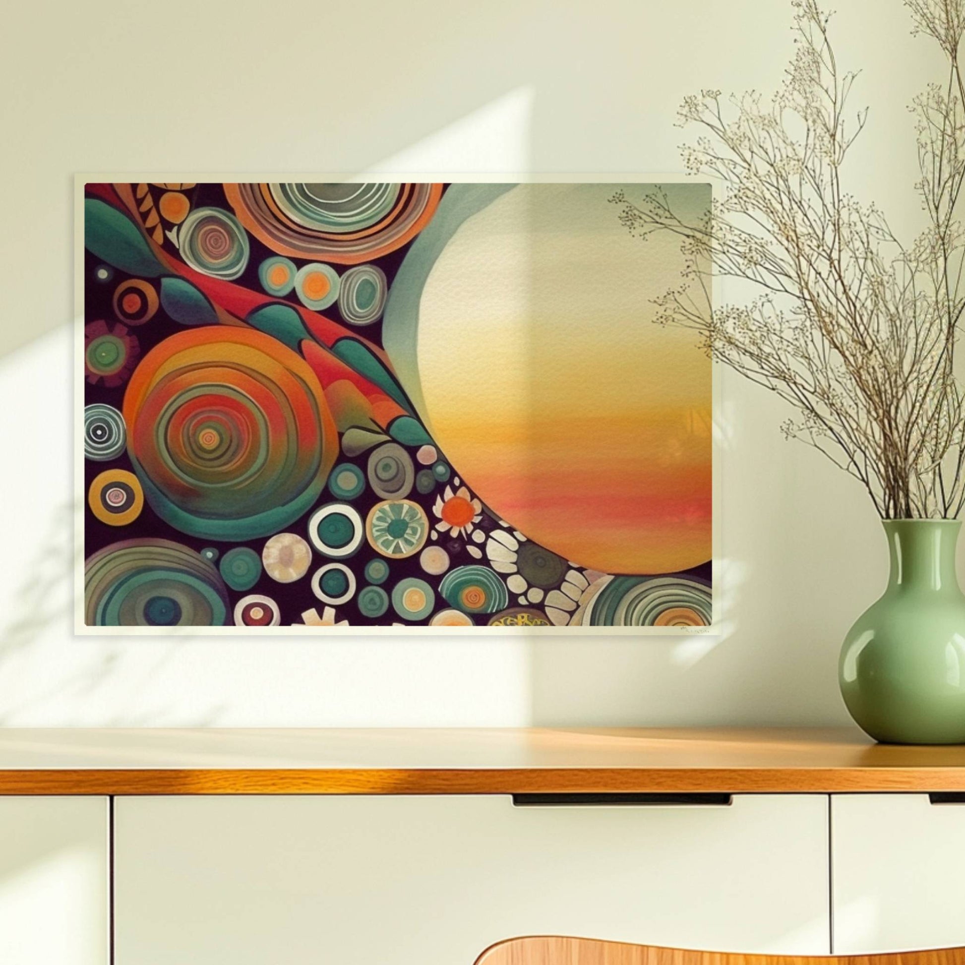 Abstrakte Kunst mit großer weißer Sonne, Kreisformen und floralen Details in kräftigen Farben auf dunklem Hintergrund.. Ohne Rahmen 70x50