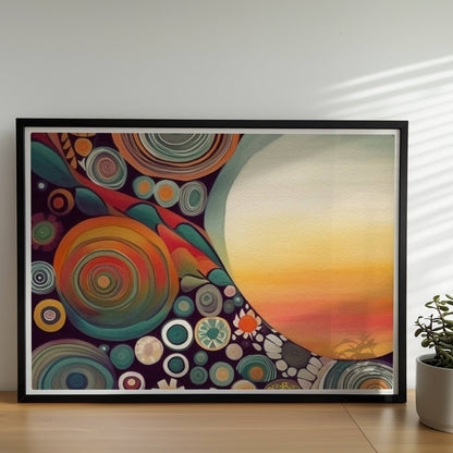 Abstrakte Kunst mit großer weißer Sonne, Kreisformen und floralen Details in kräftigen Farben auf dunklem Hintergrund.. Rahmen schwarz 70x50