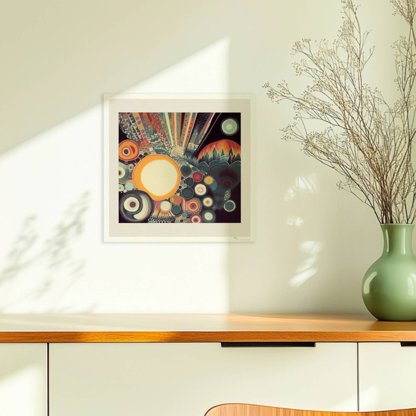 Abstrakte Komposition mit großen und kleinen Kreisen, floralen Elementen und zarten Linien auf dunklem Hintergrund.. Ohne Rahmen 30x30